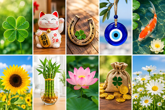 Flat lay collection of lucky charms and good fortune symbols on rustic wooden background