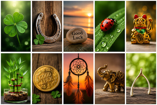 Golden good luck coins and charms with red berries for prosperity and fortune in autumn harvest
