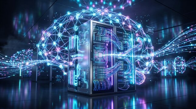 Advanced server rack in a data center surrounded by glowing digital brain network visualization with datacenter artificial intelligence technology