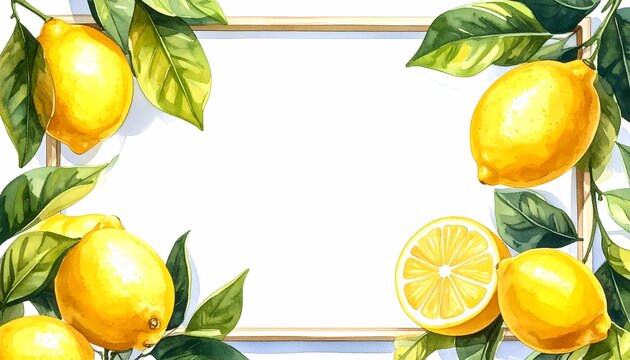 Watercolor illustration of vibrant yellow lemons and green leaves framing a central white blank copy space.