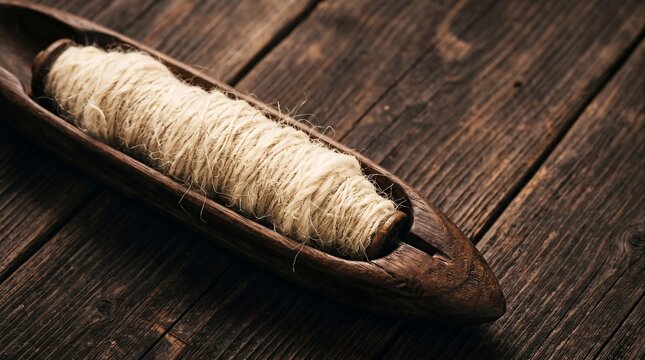 Vintage Wooden Weaving Shuttle with Raw Wool Yarn Bobbin on Dark Rustic Wood Planks for Artisanal Textile Craft Marketing