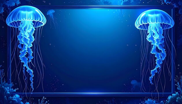 Bioluminescent blue jellyfish frame a central copy space in a deep sea setting.