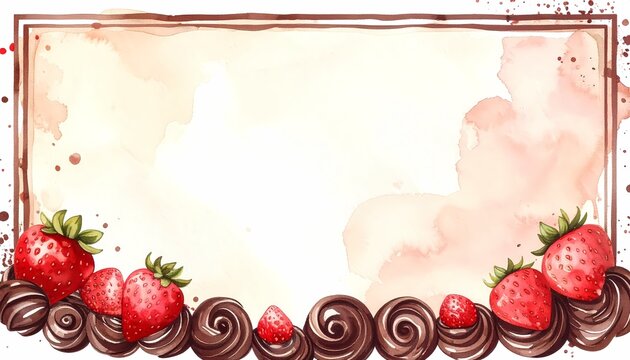 Decorative watercolor frame featuring ripe red strawberries and rich chocolate swirls on a cream background for dessert menus.