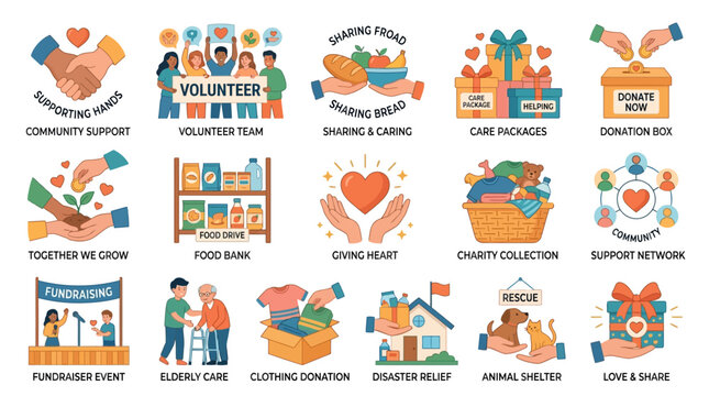 Set of Community Support and Charity Vector Illustrations Featuring Diverse Volunteer Activities and Donation Symbols