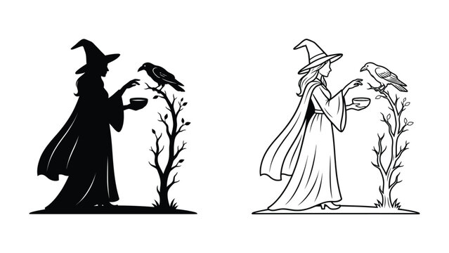 Mystical Witch and Raven Companion: An enigmatic witch in a pointed hat and flowing robe extends her hand to a raven perched on a bare branch, holding a mystical chalice.