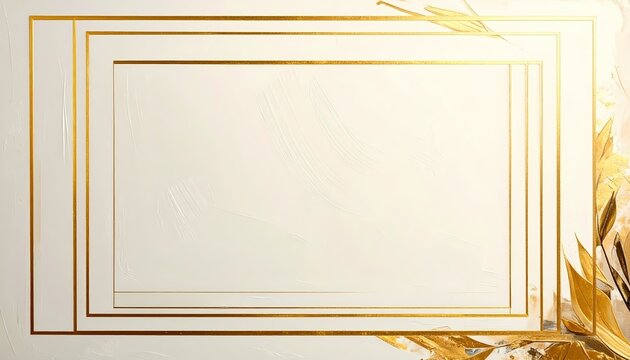 Elegant white textured background with thin gold rectangular borders and abstract metallic leaf accents.
