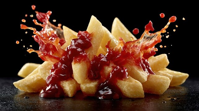 Golden potato chips with a dynamic ketchup splash during a dark studio shoot with dramatic lighting for fast food advertising