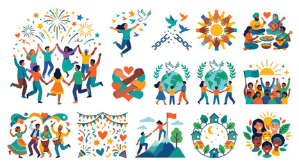 Fototapeta premium Freedom and Community Celebration Illustration Set Featuring Diverse People Celebrating Unity, Peace, and Global Harmony