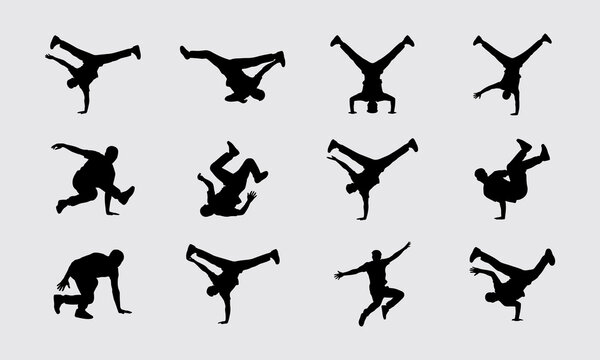 Set of breakdance dancer silhouettes in action