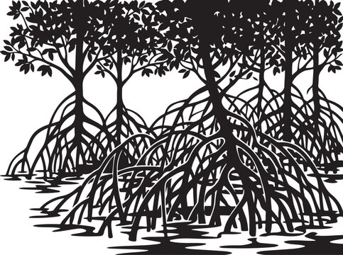 Mangrove forest silhouette vector, tropical swamp trees with tangled roots, coastal ecosystem landscape illustration