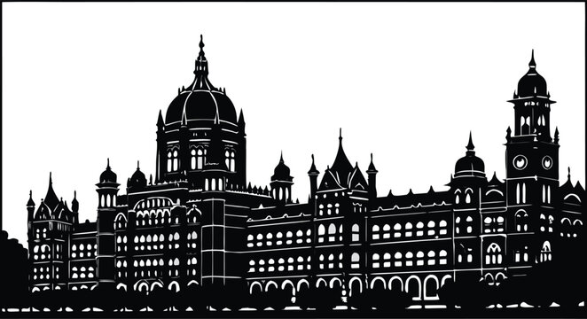 Black and white Mumbai cityscape silhouette graphic isolated on white background