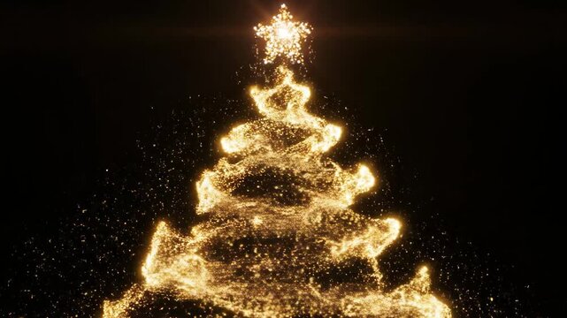 Abstract Christmas tree formed by swirling golden light particles and sparkles on a black background, seamless looping holiday motion graphics video