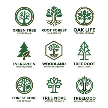 Set of green tree logo badges and vector badges