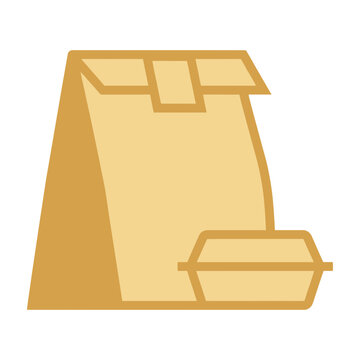Brown paper bag with attached lunch box on white background simple icon