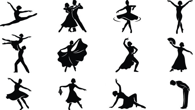 Ballet and ballroom dance silhouettes featuring dancers in poses and performance costumes on a white background