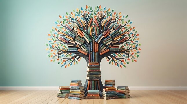 Conceptual tree made of stacked books representing knowledge and growth in a library room.