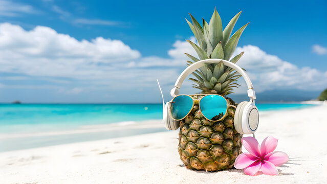 Pineapple wearing sunglasses and headphones on a sunny tropical beach summer vacation.