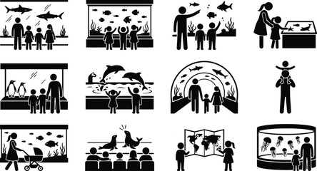 Fototapeta premium Collection of black silhouette depicting families and children visiting a public aquarium to observe various marine life and sea animals