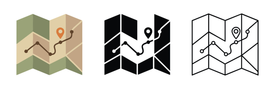 Folded paper map icons with location pin and path route in varied outline and solid style.