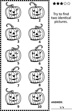 Find two identical pictures with Halloween pumpkins visual puzzle. Answer included.
