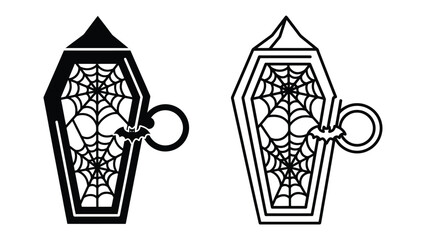Fototapeta premium Two Halloween Coffin Lanterns: A pair of stylized coffin-shaped lanterns, one black and one outlined, adorned with spiderwebs and a bat, evoking a spooky Halloween atmosphere.