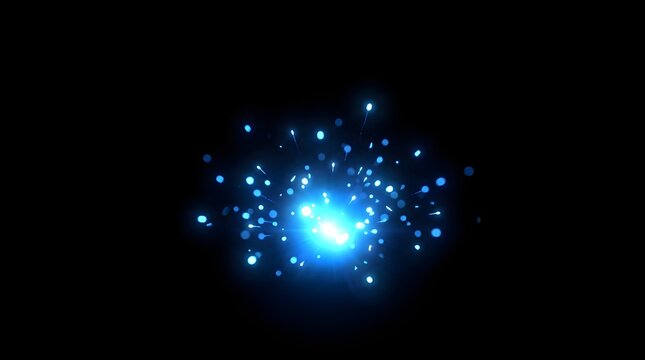 An abstract digital explosion featuring vibrant bright blue light particles set against a dark black backdrop generating a compelling futuristic and technological
