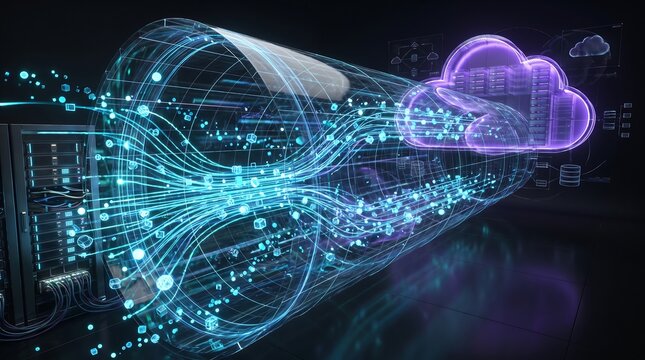 Cloud computing concept with glowing purple cloud icon and digital data streams in server room computing technology futuristic information