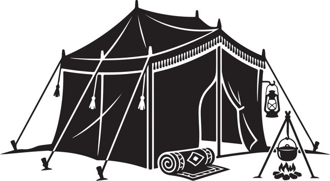 Traditional Bedouin tent vector, nomadic desert camp silhouette, middle eastern glamping tent with lantern and campfire