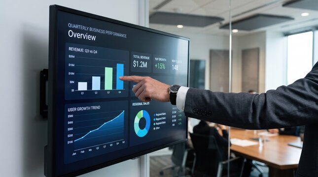 Close-up of businessman hand pointing at large wall-mounted monitor showing quarterly business performance overview dashboard, featuring revenue bar charts comparing Q3 vs Q4