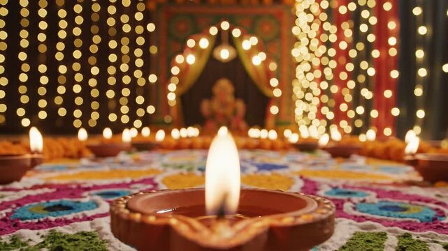 Diwali festival of lights with many diyas and flowers