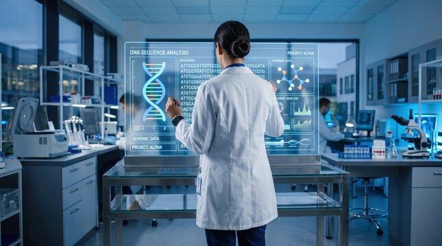 Scientist working in modern biotechnology laboratory analyzing DNA sequence and genomic data on large virtual reality display screen, conducting genetic research and molecular