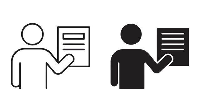 Person presenting document or report icon set with presentation, document