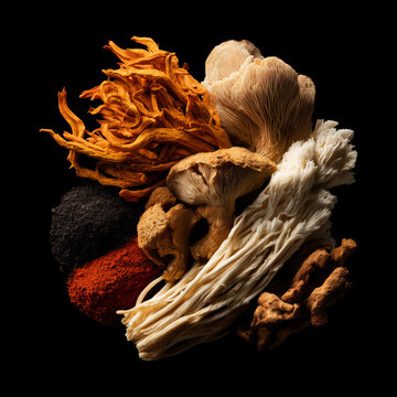 Variety of edible mushrooms isolated on black background, concept of natural culinary diversity and functional medicinal
