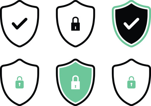 Colorful Shield Icon Set with Yes Check mark and pad lock icon set design. 