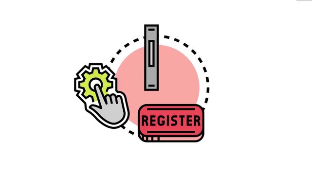 Graphic showcasing automatic form input binding with a hand clicking a gear icon, an input field, and a register button, representing data automation and system configuration