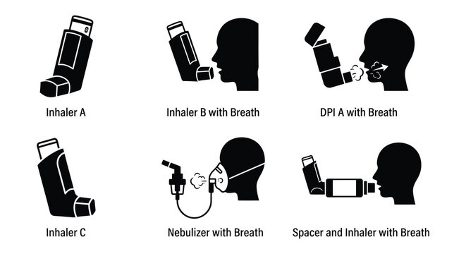 Black silhouettes of various inhaler types and nebulizers with breath indicators