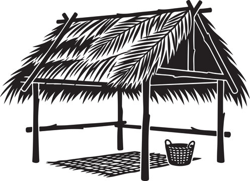 Tropical bamboo hut vector illustration, traditional thatched roof shack with palm leaves, rustic island shelter icon for travel and culture