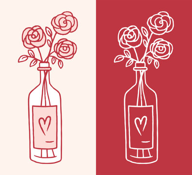 Wine bottle with roses flowers bouquet vase outline drawing red and pink line art romantic floral girly aesthetic. Valentines day date night galentine dinner decor white ink sketch illustration print.