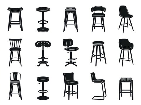 Set of various black bar stool chair icons