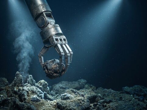 Robotic manipulator arm retrieving a mineral nodule specimen from deep seabed near hydrothermal vent