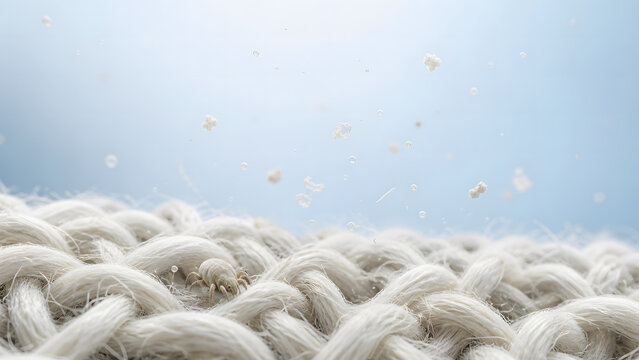 Microscopic dust mite and allergen particles on white bedding fibers