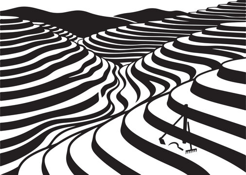Minimalist rice terrace landscape vector, black and white agricultural field illustration, terraced farm hills graphic, rural asian scenery
