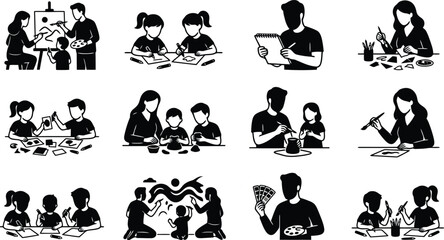 Obraz premium Set of black silhouette showing children and adults engaged in creative activities, painting, and crafting together