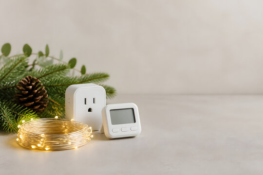 Smart plug and timer beside LED Christmas lights for energy efficient holiday decorating