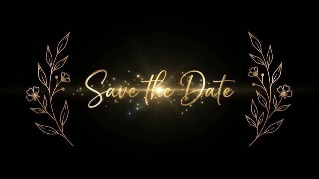 Save the Date Gold Calligraphy Text Animation on Dark Background