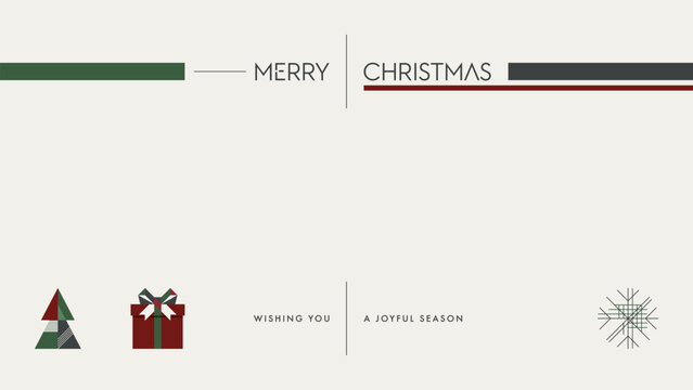 Minimalist Merry Christmas greeting card with abstract geometric elements on light cream color background modern retro style horizontal template have blank space.