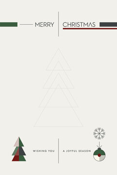 Minimalist Merry Christmas greeting card with abstract geometric elements on light cream color background modern retro style vertical template have blank space.