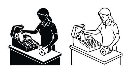 Fototapeta premium Cashier with Vintage Cash Register: A solitary cashier, depicted in both silhouette and line drawing, diligently operates a classic cash register, managing receipts and a paper roll.