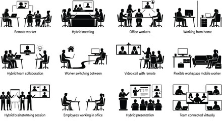 Fototapeta premium Set of black silhouette showing remote work, hybrid meetings, calls, and virtual collaboration in modern office environments