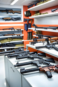 Gun control and firearm sales, assault rifles and shotguns displayed in a modern gun store or armory